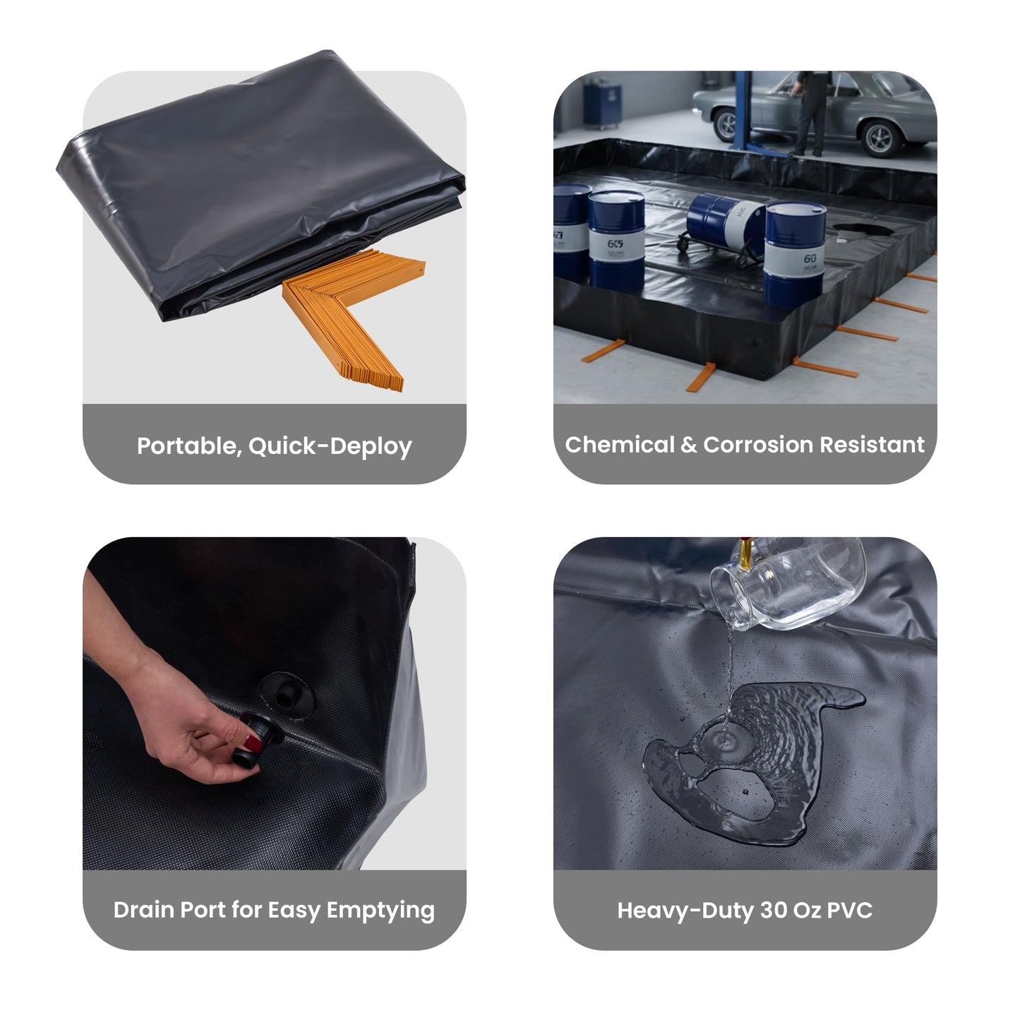Spill Ready 5' x 5' x 12" Drive Over Spill Containment Berm - 30 oz PVC, 180 Gallon Sump - 0.75" Drain - Portable Oil, Fuel & Chemical Spill Control Berm | Black, Quick & Easy Setup