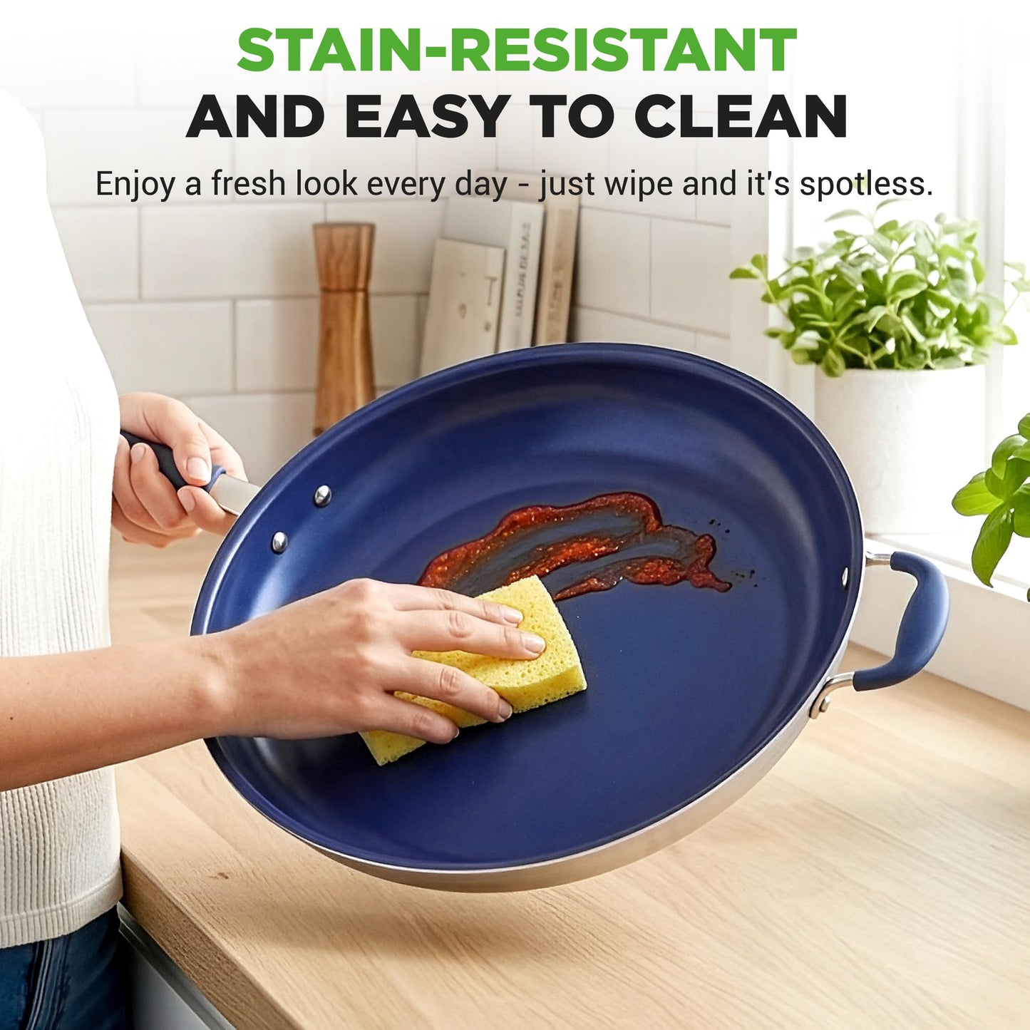 NutriChef 14" Fry Pan With Lid - Extra Large Skillet Nonstick Frying Pan with Silicone Handle, Ceramic Coating, Blue Silicone Handle, Stain-Resistant And Easy To Clean, Professional Home Cookware