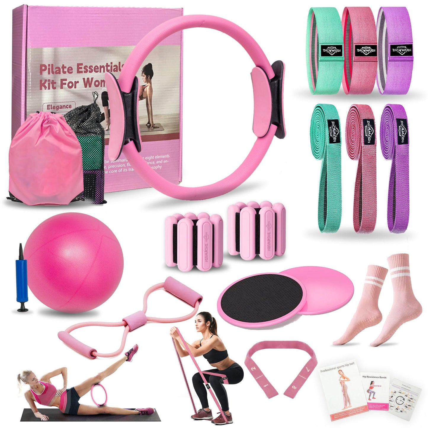 DICYWUDI Pilates Essentials Kit for Home Women, Pilates Equipment for Workouts, 6 Fabric Resistance Bands, 12 Inch Magic Circle Yoga Ring, Mini Exercise Ball, Great Exercise Accessories