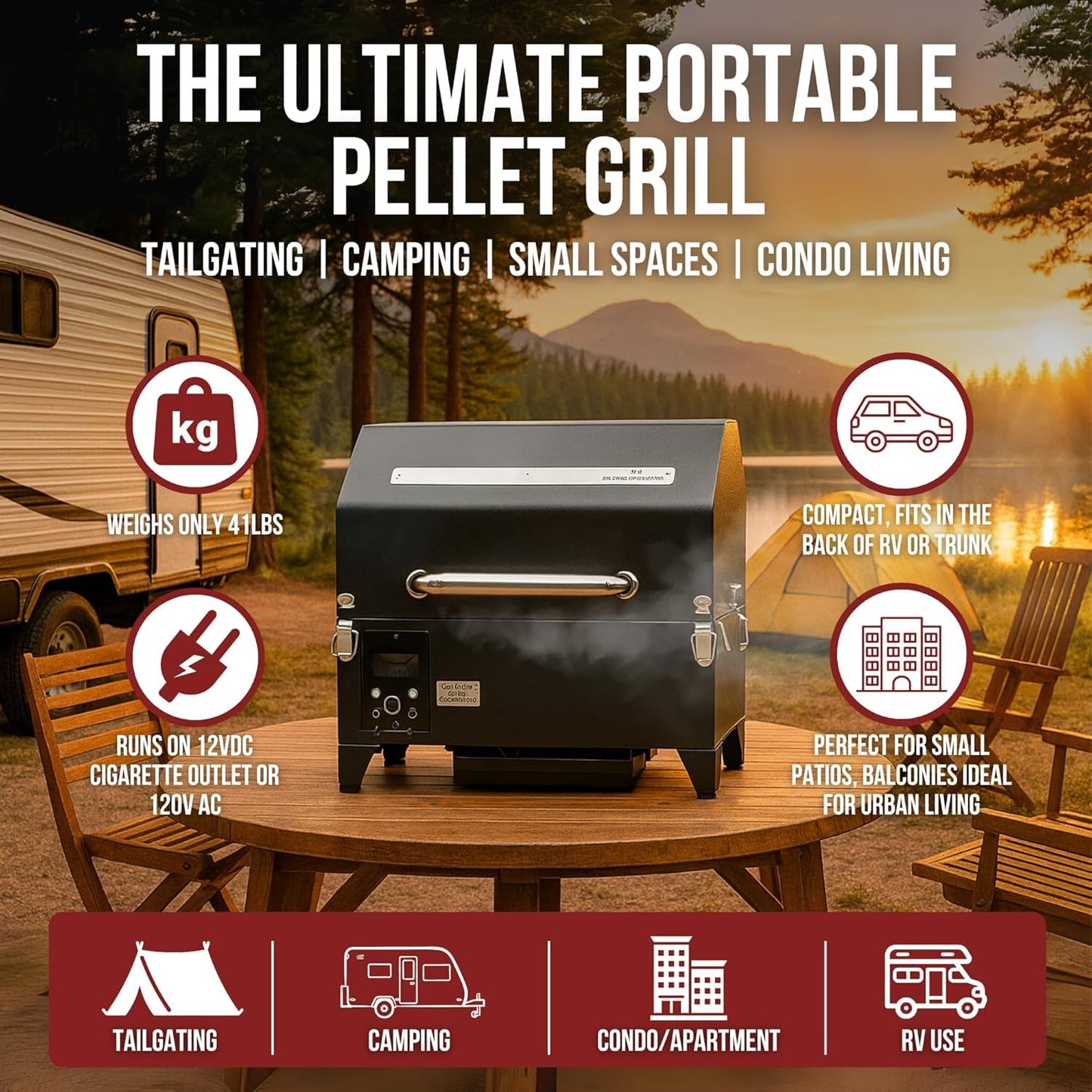 Portable Electric Smoker Grill by Freedom Stoves – 12V/120V Pellet BBQ for Camping, Tailgating & Backyard | Digital Control, Dual Probes, 8.5LB Hopper
