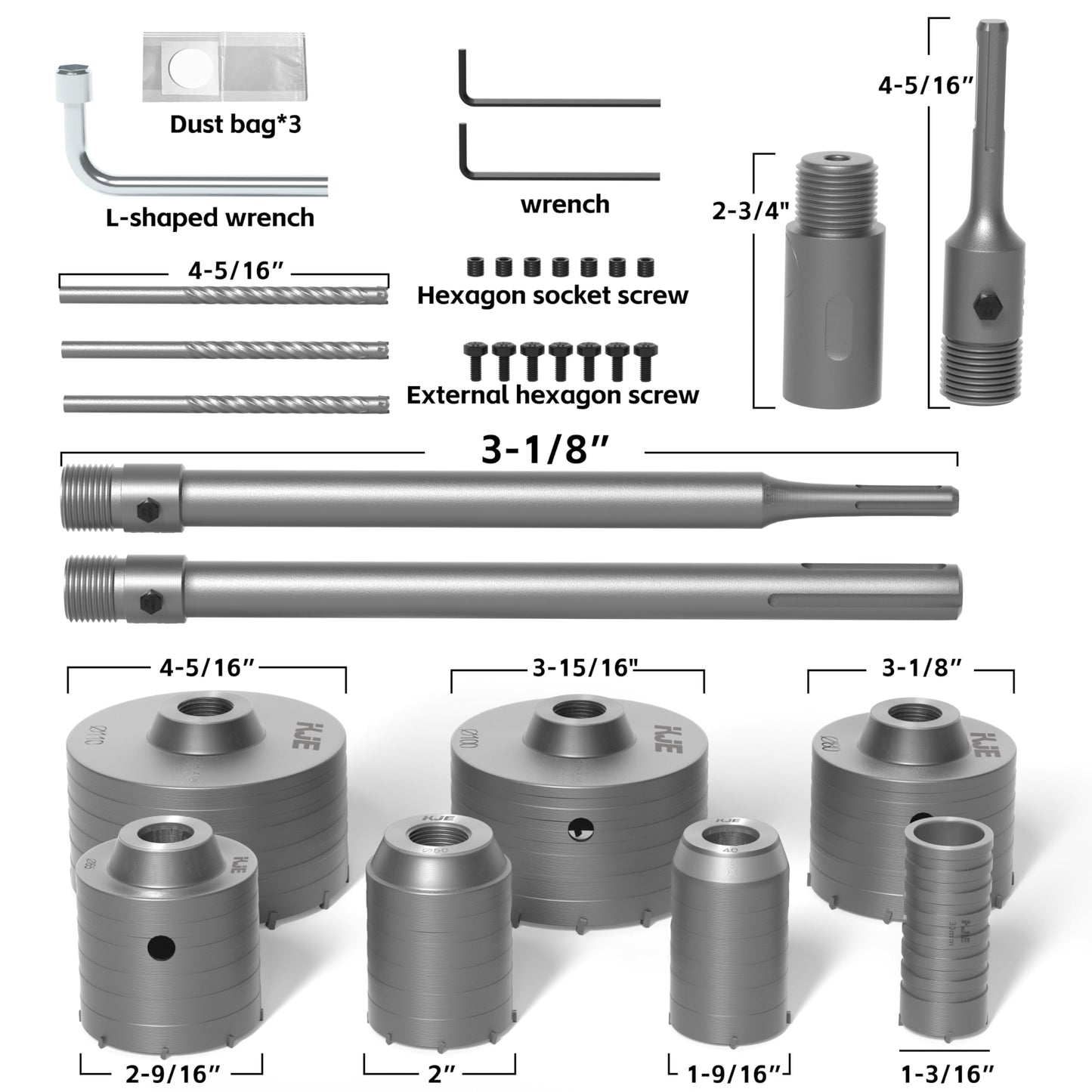 KJE 35PCS Concrete Hole Saw Kit, Size 30/40/50/65/80/100/110mm, Industrial Hole Saw Set, with 3 Drill Bits and SDS Plus & Max Shank, for Concrete, Stone, Brick, Cement, and Wall Drilling