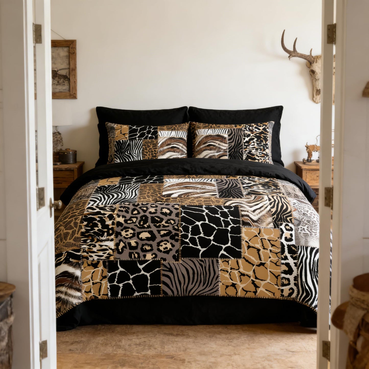 CCoutueChen Leopard Print Comforter Set King Size African Animal Fur Patchwork Comforter 3 Pcs Wildlife Themed Soft Microfiber Bedding with 2 Pillowcases,104"x90"