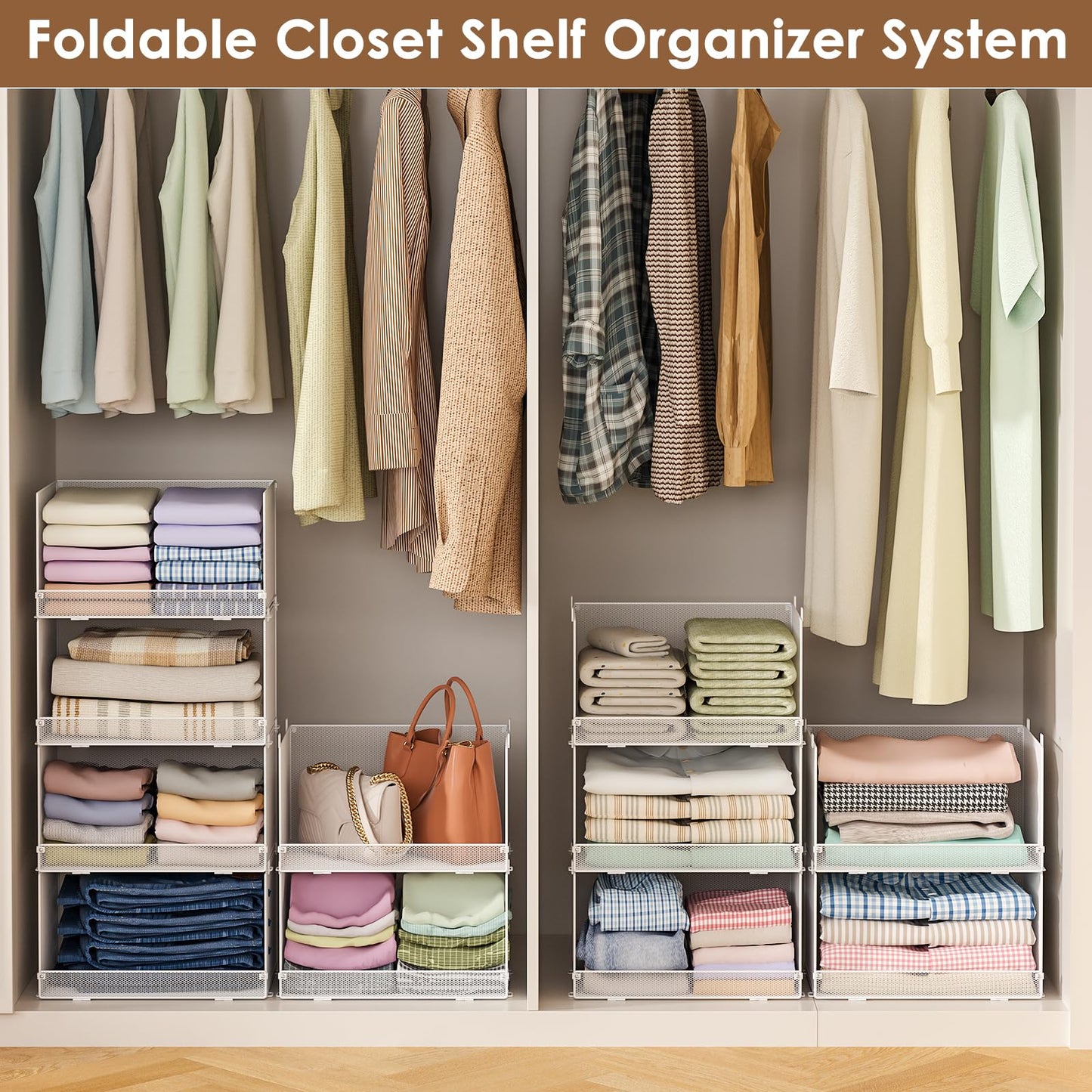 Tiaoheka 4-Tier Stackable Closet Organizers and Storage Shelves, Foldable Closet Shelf Organizer, Stackable Storage Bins Drawers for Closet Organizer System, White(Patent Pending)