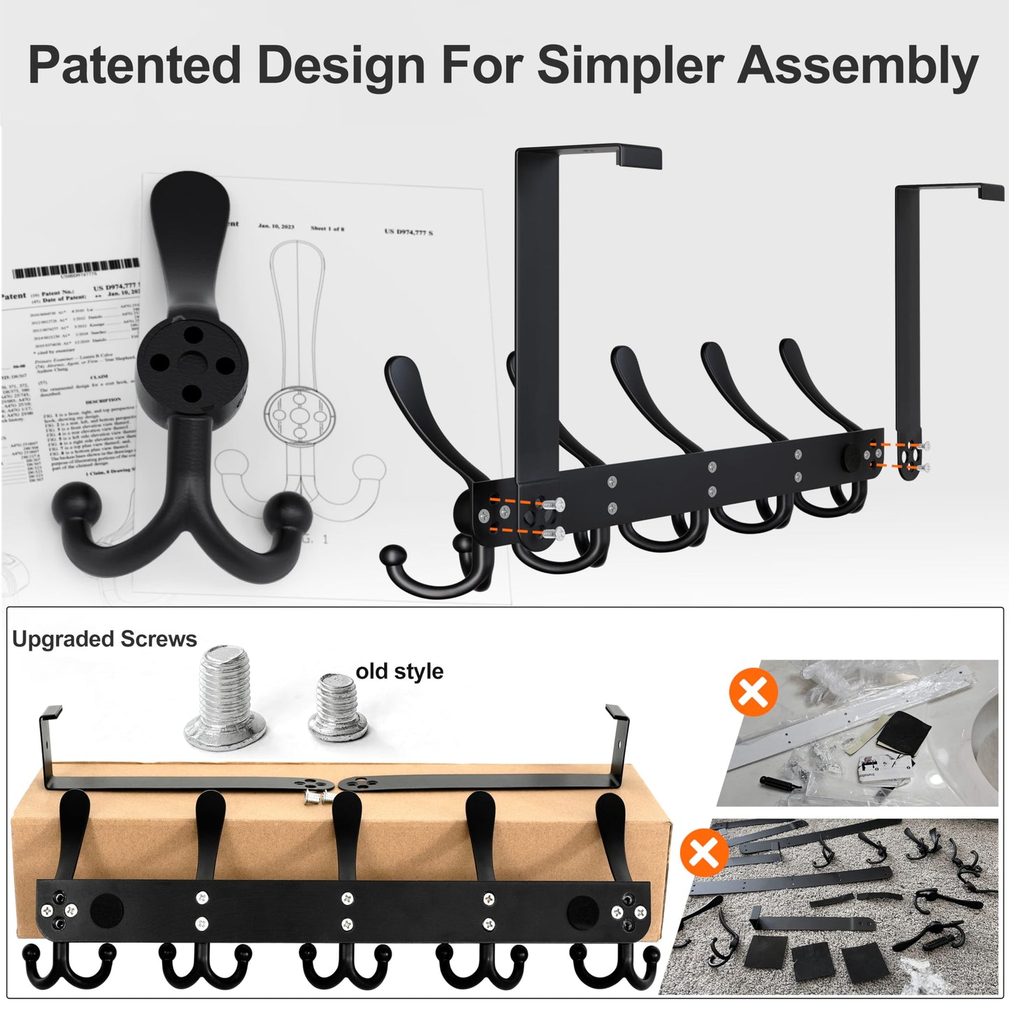 Dseap Over Door Hook 2.0 - Upgraded Version - Simple-Assembly, Strong, Heavy-Duty Stainless Steel 5-Tri-Hook Over the Door Hanger Rack, SimpleStrong Series, Black
