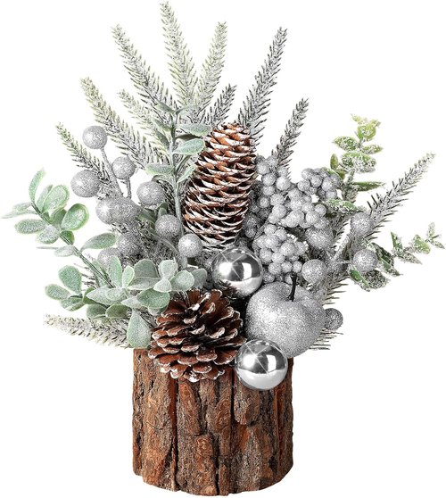 Hatisan Small Christmas Tree - Artificial Pine Cone & Berry Decor | Tabletop Holiday Decoration (Silver Round)