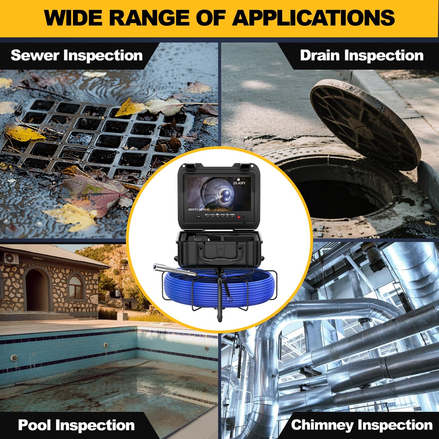 Anysun Self-Leveling Sewer Camera with Distance Counter, 0.28in/7mm Diameter 165ft Cable, 9'' 1080P IPS Screen, Pipe Inspection Camera with DVR Recording-32GB