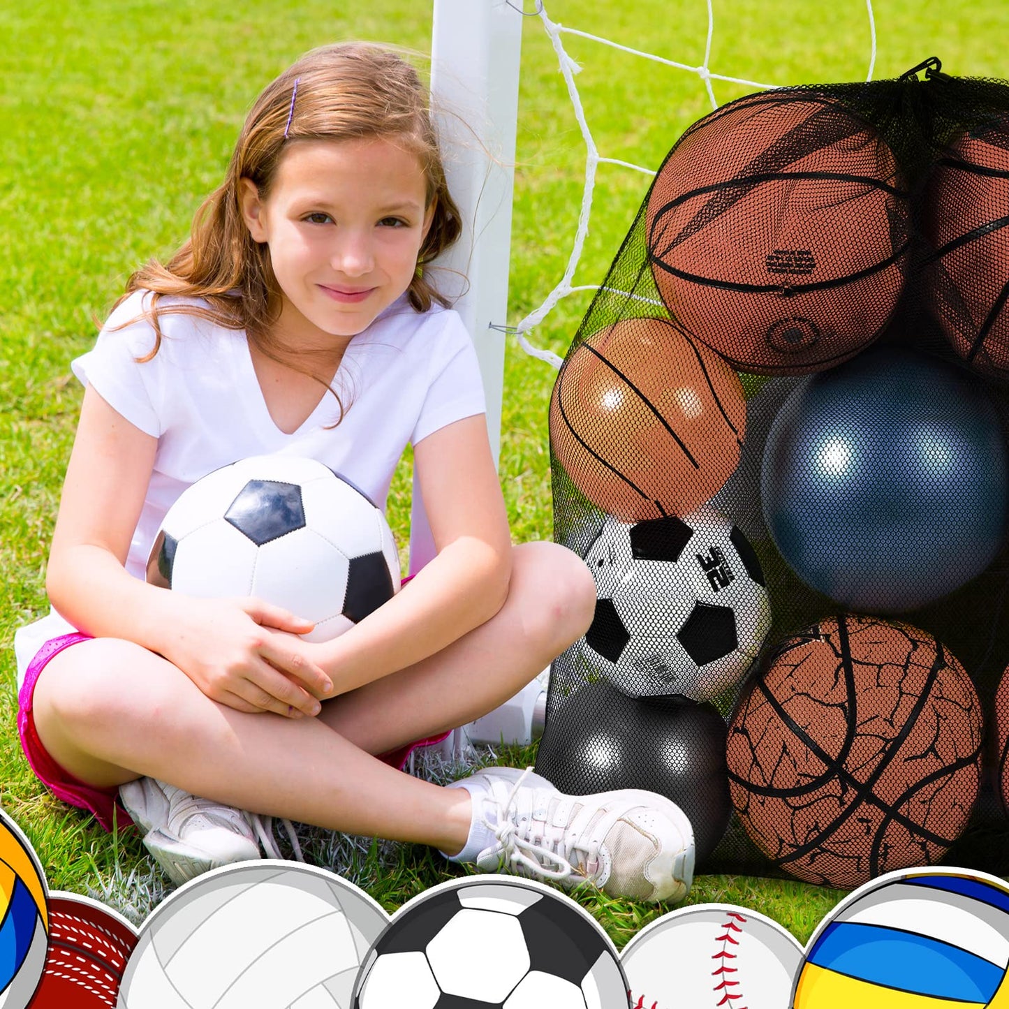 Woanger 3 Pcs Thickened Extra Large Sports Ball Bag Mesh Soccer Net Ball Bag Drawstring Bags Team Work for Holding Basketball, Volleyball, Baseball with Shoulder Strap, 35.4 x 27.5 Inch(Black)