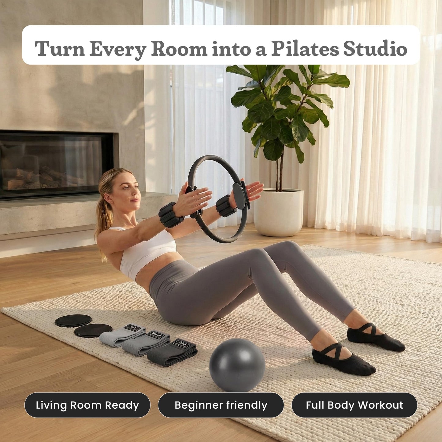Prospervere Premium Pro Pilates Kit – 15 inch Pilates Ring and Ball Set w/ 1lb Ankle Weights, Fabric Resistance Bands, Sliders, Yoga Socks & Gym Bag – Midnight Power (Black)