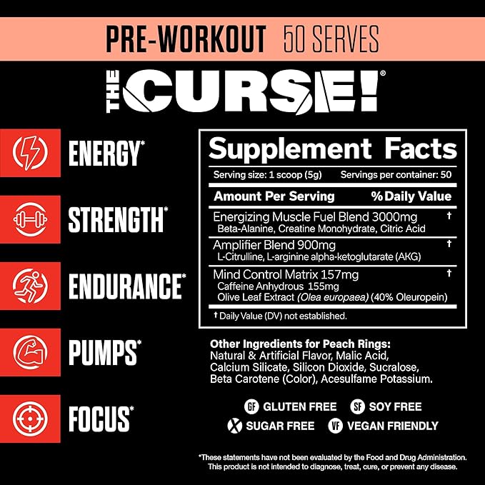 JNX SPORTS The Curse! Pre Workout Powder for Men & Women, Caffeine, Beta-Alanine, Creatine, L-Citrulline, 50 Servings, Peach Rings Flavor ??Boost Energy, Strength & Focus