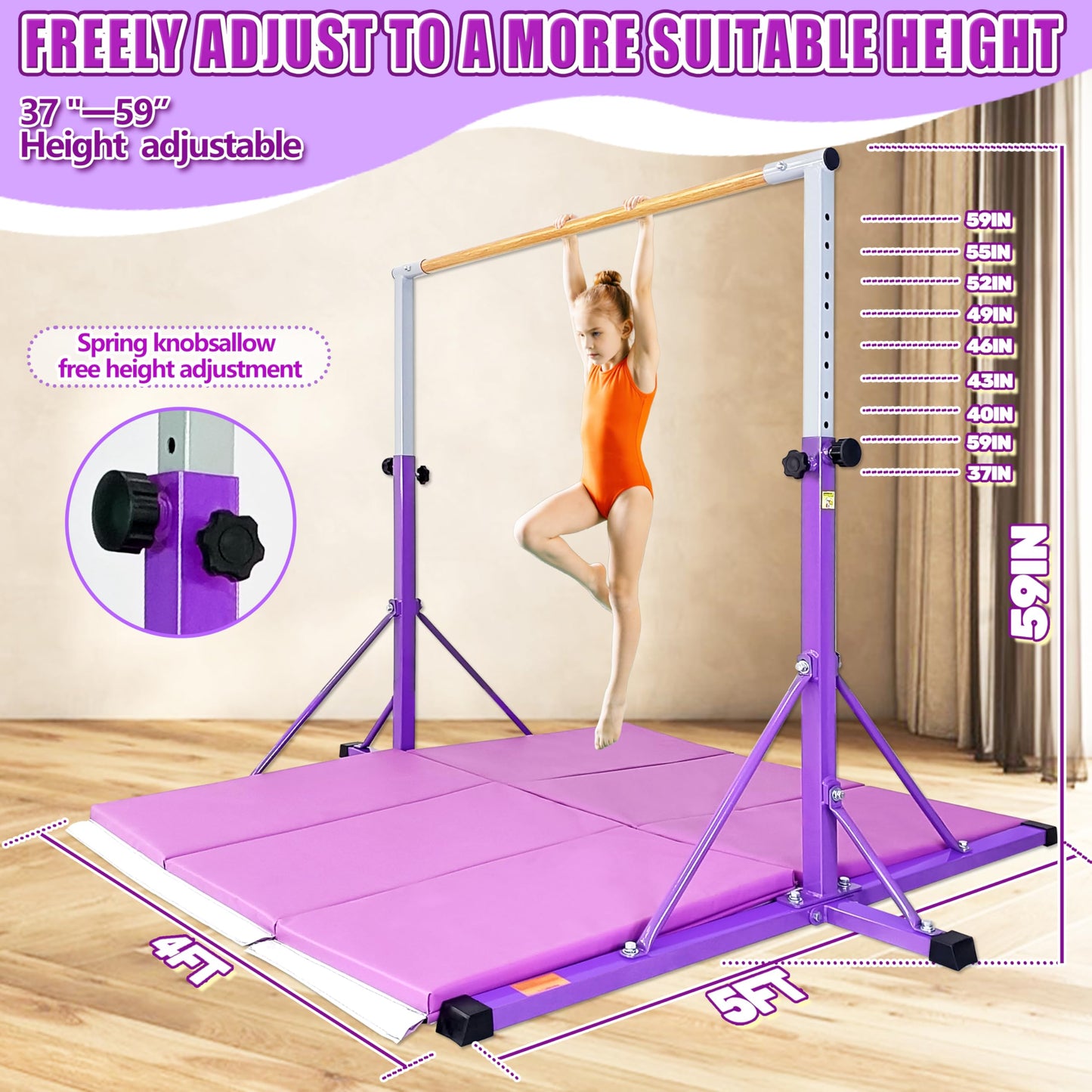 FC FUNCHEER Gymnastics Bar for Kids Ages 3-15, 35" to 60" Adjustable Height, 4FT Wide Base - Professional Kip Bar with 360° Stability & Fiberglass Crossbar, Easy Fold&Solid Design for Home Training