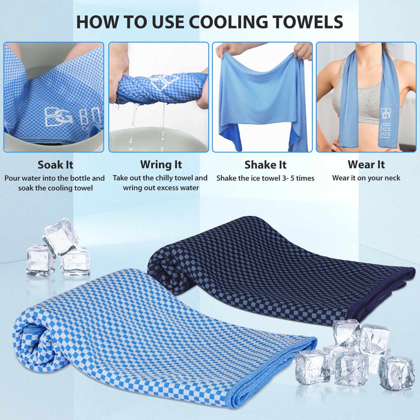 BOGI Cooling Towel 2 Pack, Cooling Towels for Neck and Face, 40"x12" Ice Towel for Instant Cooling Soft Breathable Chilly Towel for Yoga Golf Gym Camping Running Workout & More Activities (NBlue2)