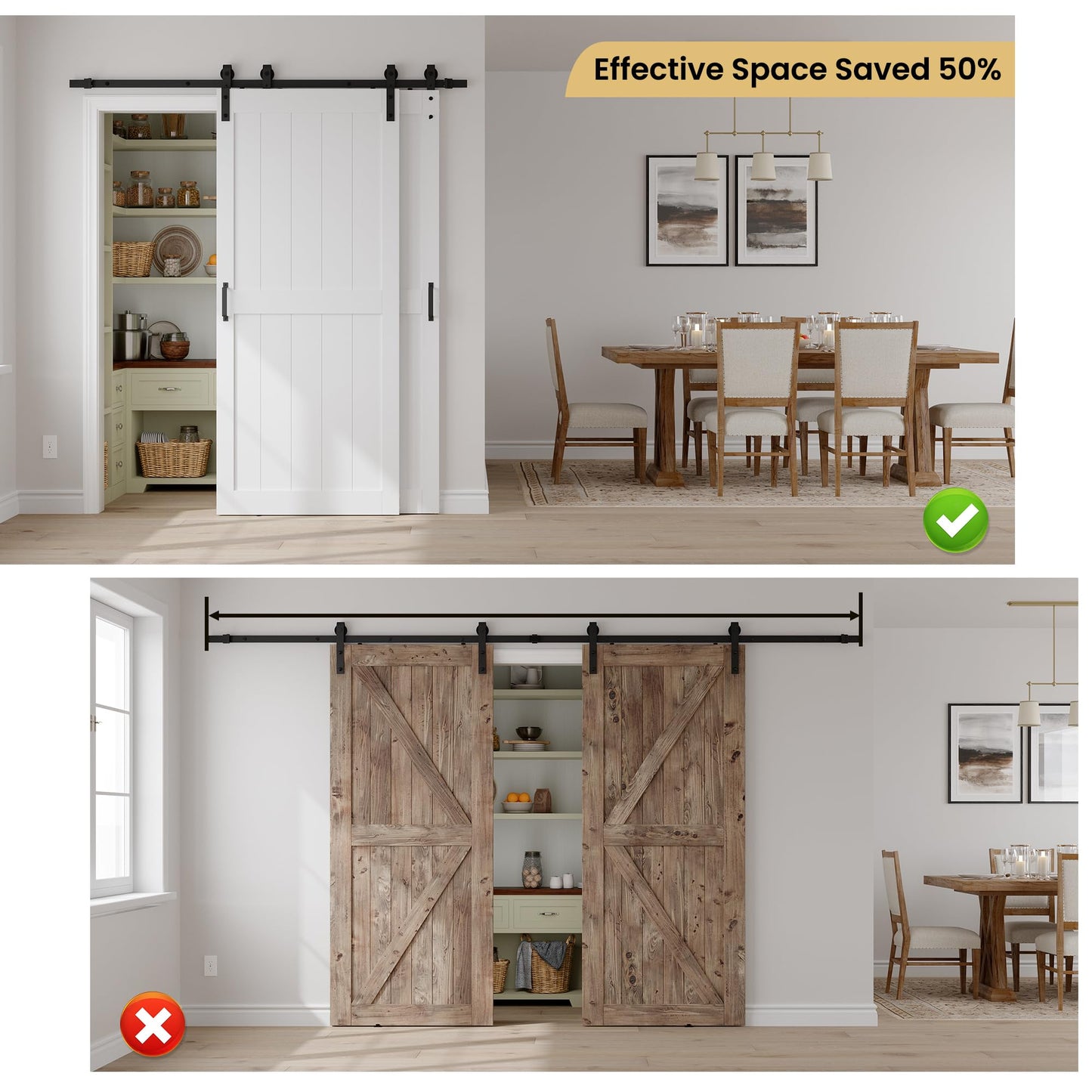 COSHOMER 36" x 84" Bypass Barn Door, Sliding Barn Door with 6.6FT Track Hardware Kit Included, H Shape Solid Core MDF Barn Doors, Waterproof PVC Surface, Save Space, Easy to Install, White