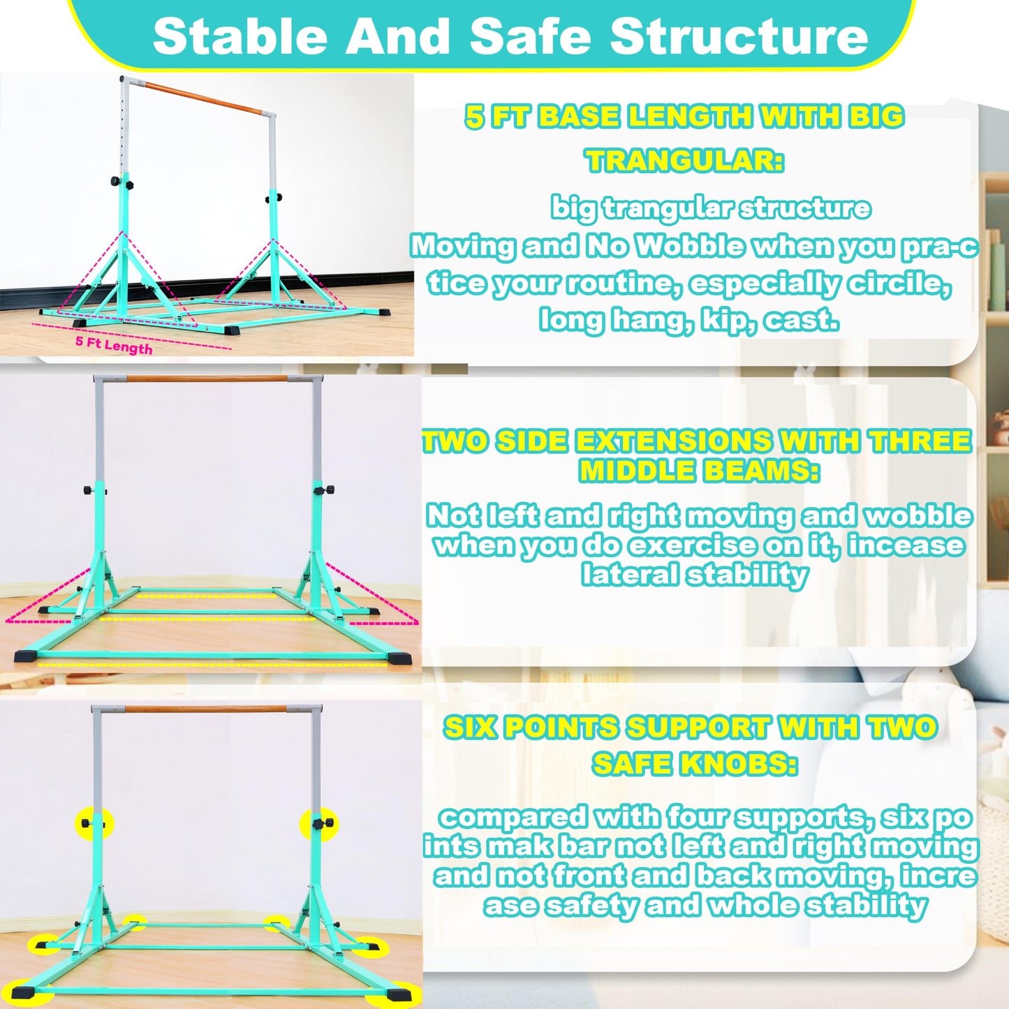 MARFULA Fold Gymnastic Bar for Kids and Teenage Ages 3-20, 350 lbs Weight Capacity, 5 Ft Gymnastic Kip Bar Horizontal Bar for Gymnast, Gymnastic Training Equipment for Home and Gymnastic Center Use