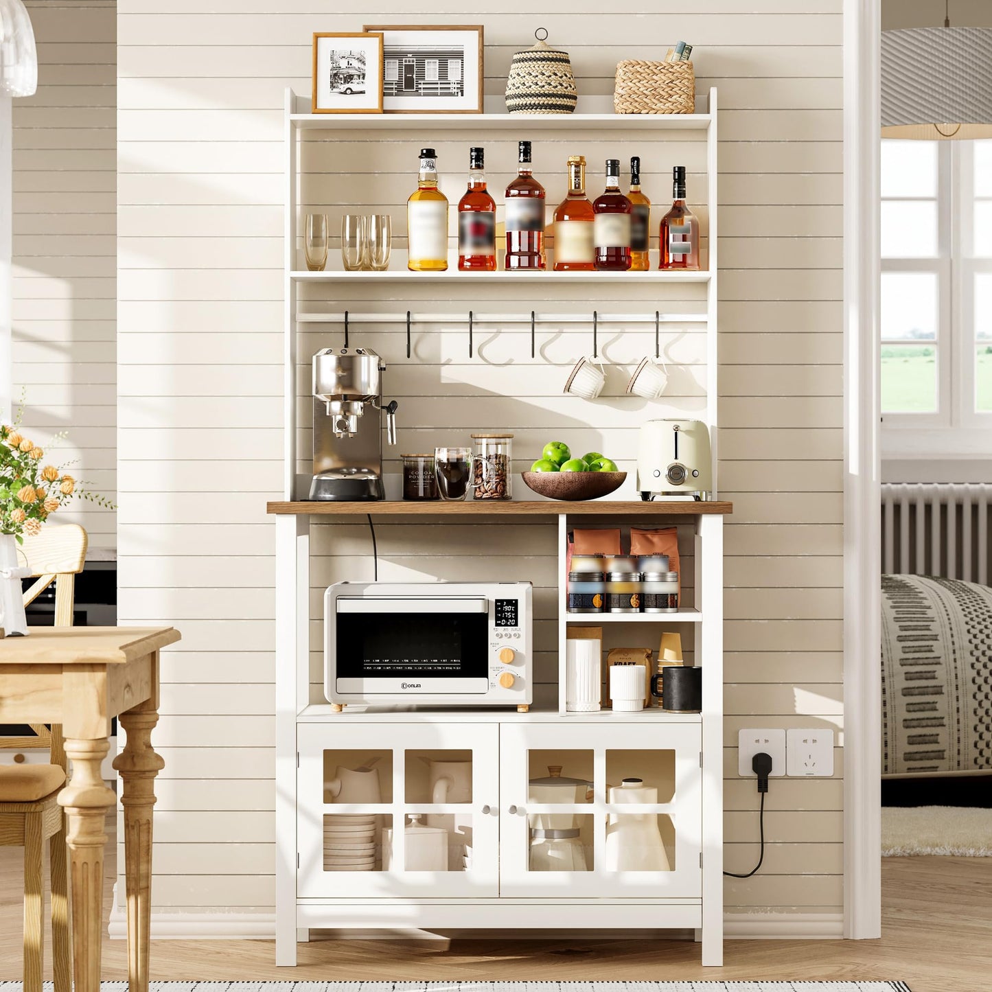 ChooChoo Farmhouse Bakers Rack with Power Outlets and Storage, Coffee Bar Cabinet with Storage, Microwave Stand Kitchen Cabinet with Hutch and 6 Hooks, Soft White & Brown
