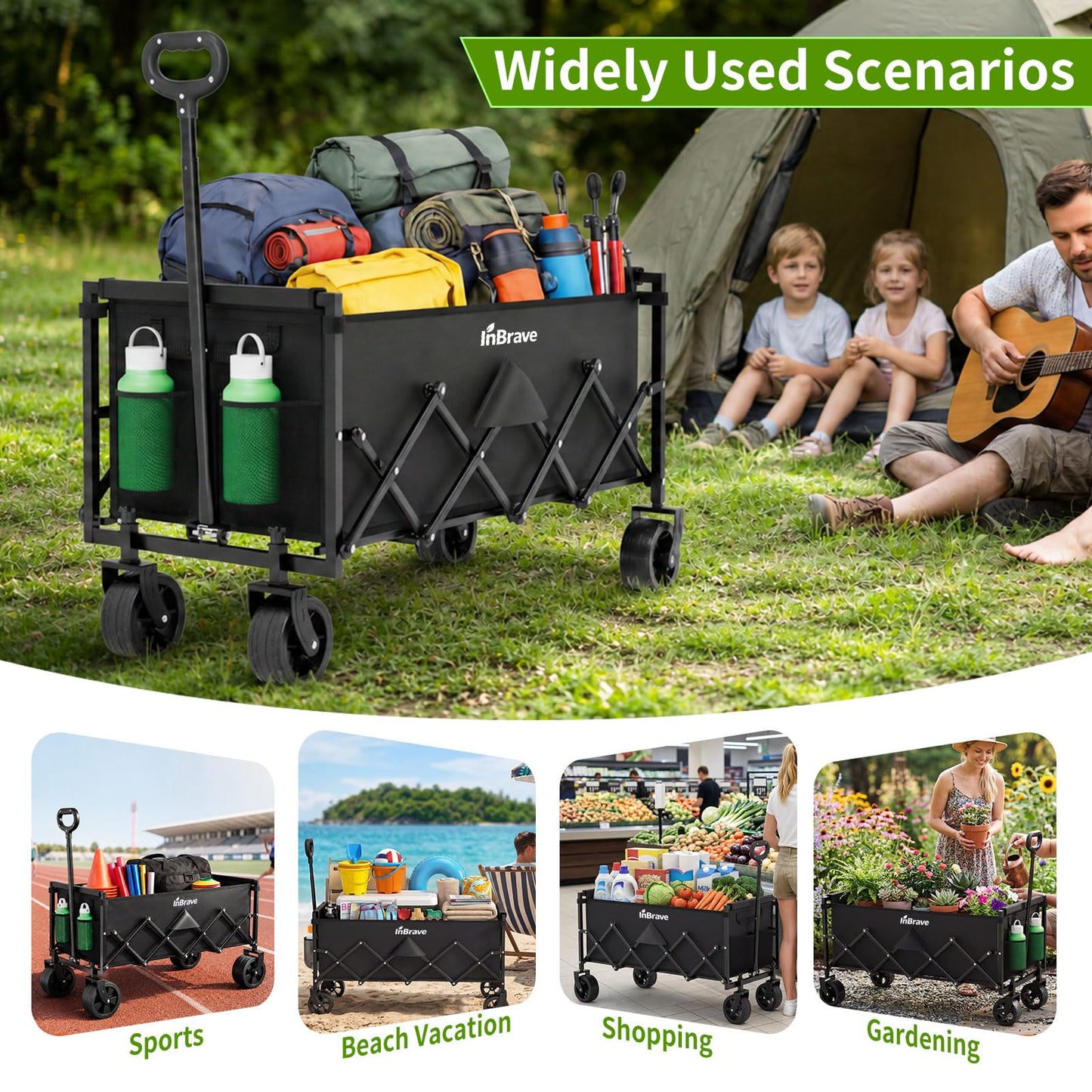 InBrave Extra Long Collapsible Wagon Cart, 480LBS Heavy Duty Utility Wagons with All-Terrain Wheels, Foldable Grocery Carts for Gardening, Shopping, Beach, Camping, Black