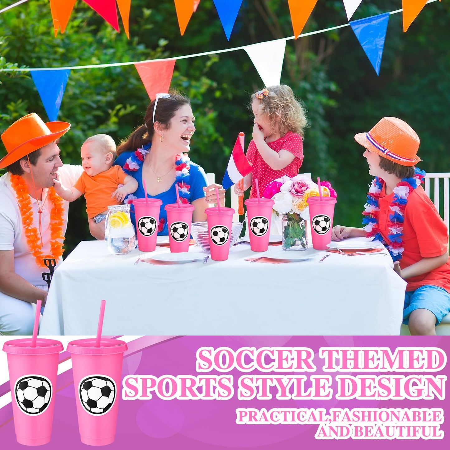 Domensi 12 Pcs Sport Soccer Plastic Cups with Lid and Straw 24 oz Reusable Plastic Cups Coffee Tumblers Gift for Fan Friend Guest Birthday Office Sport Party Supplies (Pink)