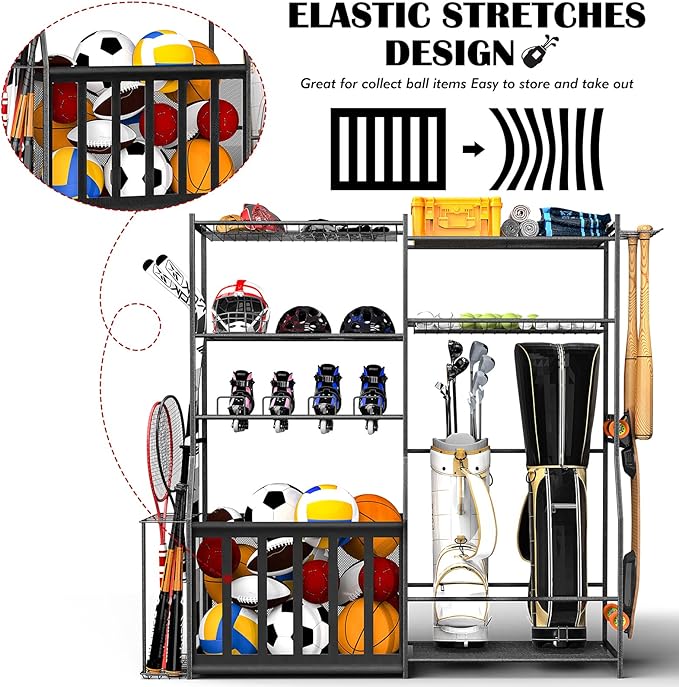 Garage Sports Equipment Organizer with Golf Bag Stand, Balls Storage Rack, and Toy Organizer ??Durable Indoor/Outdoor Multi-Use Rack for Kids' Gear and Seasonal Items