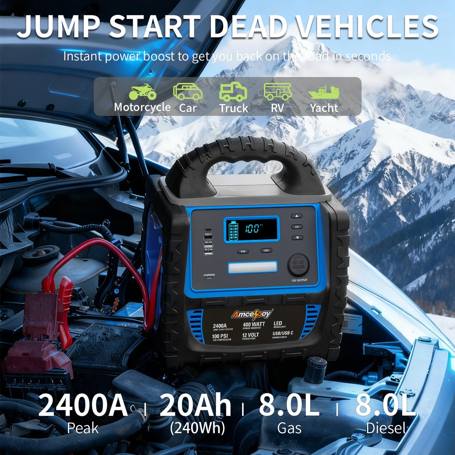Amcelooy 2400A Car Battery Jump Starter and Portable Power Station – Starts 8.0L Gas & 8.0L Diesel – 6-in-1 Jump Starter with Air Compressor 100 PSI Tire Inflator – 400 Watt Inverter AC/DC/USB Outlets