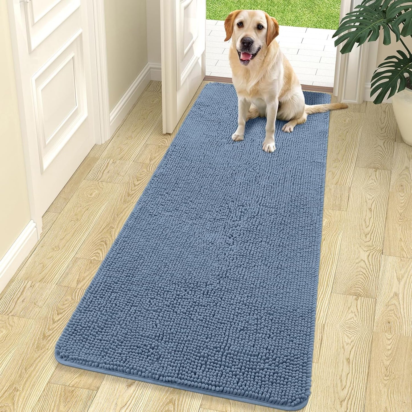 OLANLY Dog Door Mat - Absorbent Non-Slip Chenille Mat for Muddy Paws | 70x24, Quick Dry, Airy Blue