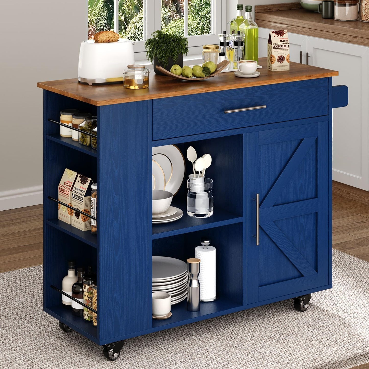 4 EVER WINNER Navy Blue Rolling Kitchen Island with Storage for Small Kitchen, 39" Farmhouse Kitchen Island Cart on Wheels with Drawer, 3-Tier Spice Rack, Open Shelves & Towel Rack for Apartment