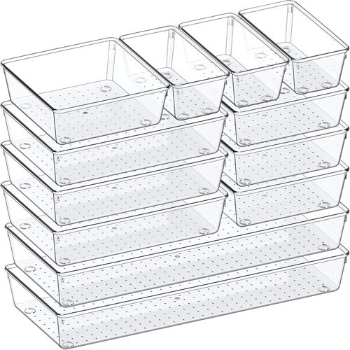 Criusia Drawer Organizer Set - 12 Clear Plastic Storage Bins for Kitchen, Bathroom & Office | 4 Versatile Sizes