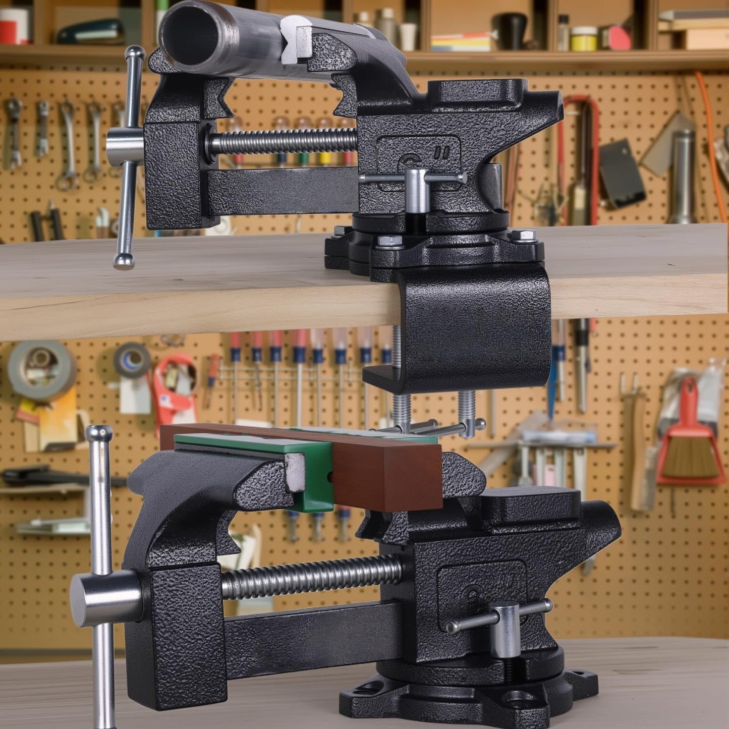 Bench Vise, 6" Jaw Width, Table Vise For Workbench,2-in-1 Multi-Purpose Heavy Duty Bench Vice With Two Multifunctional Jaws, 270° Swivel Base Home Vise for Woodworking, Welding and DIY