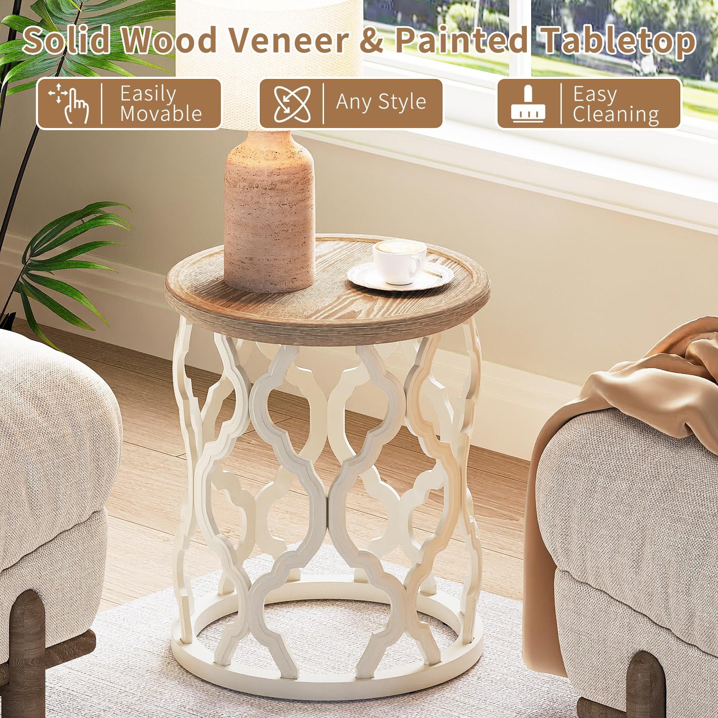 karlott Farmhouse End Table, 18.5'' French Country Round Side Table, Distressed Tray Top Side Table with Curved Motif Frame Base for Boho, End Tables Living Room, Bedroom, Small Space, Cream Beige