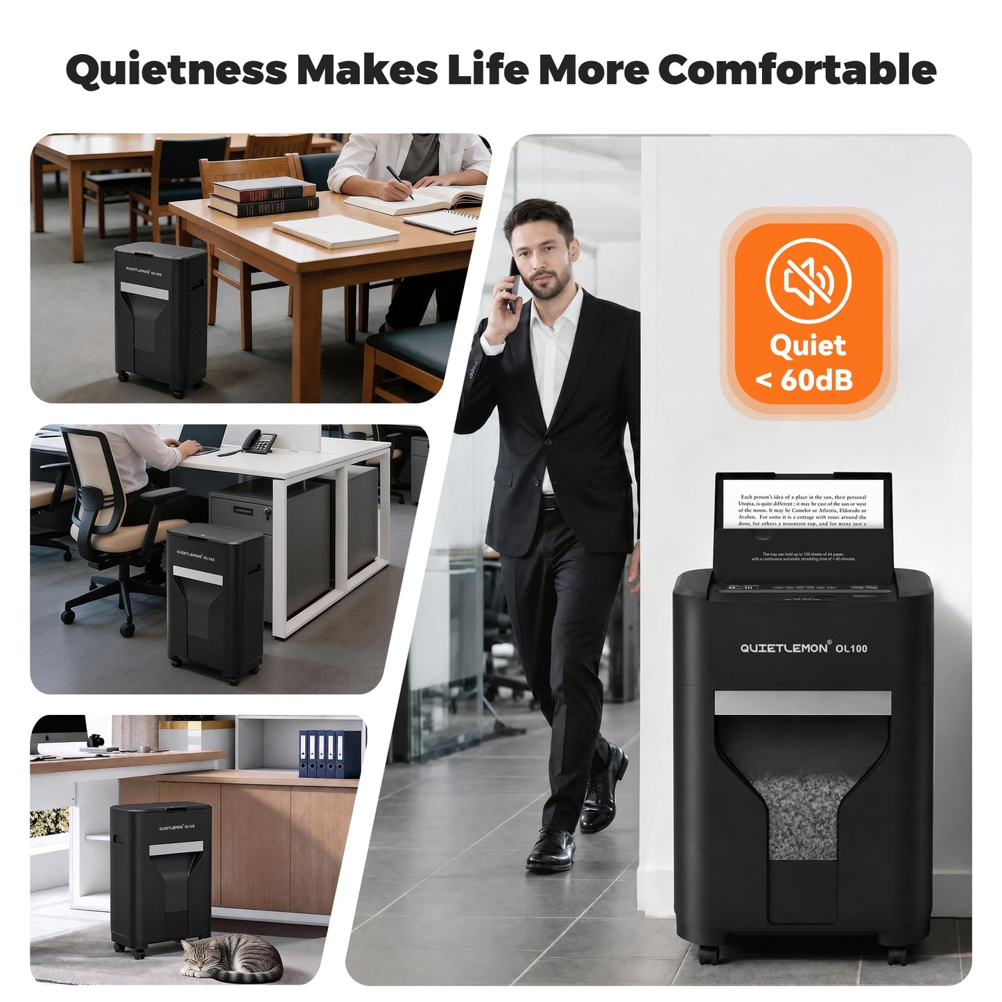 QUIETLEMON 100-Sheet Auto Feed Paper Shredder, 40 Min Non-Stop, Shredders for Home Office Heavy Duty, P-4 Ultra Security Shredder for Home Office, Cross-Cut with Wheels, 4.5 Gal Bin, <63 dB (OL100)