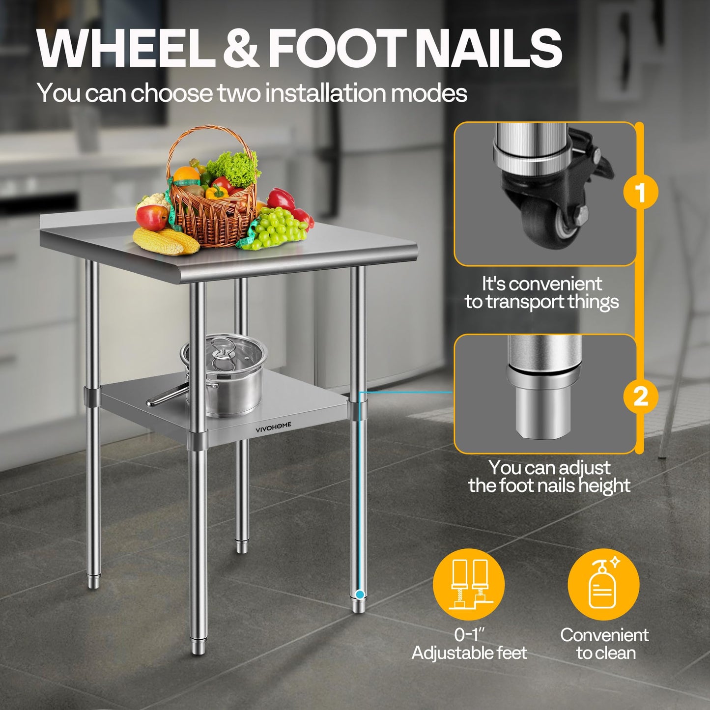 VIVOHOME 24 x 24 Inch Stainless Steel Work Table with Backsplash, Prep Commercial Table with Wheels for Restaurant, Hotel, Home and Warehouse