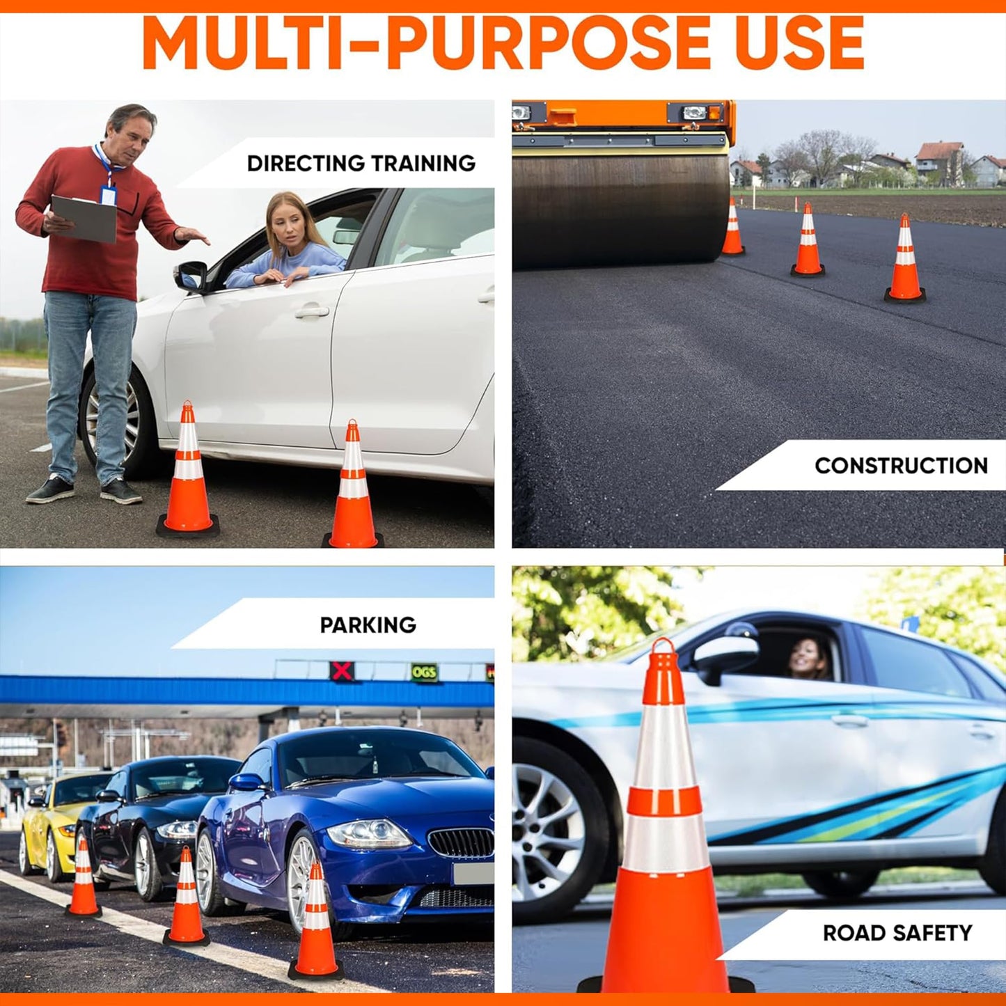 Pyle 28" Traffic Cones, 10-Pack High-Visibility Safety Markers for Roadwork, Parking Lots, Sports Training, and Construction Zones, Durable Orange PVC Cones with Stable Heavy-Duty Base