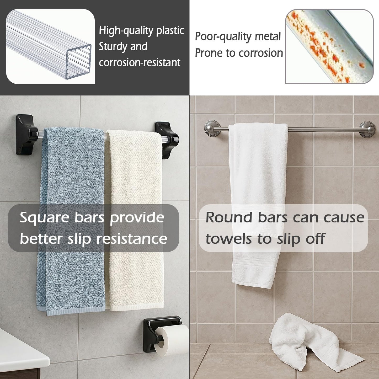 24 Inch Clear Acrylic Towel Bar Replacement Rod for Black Ceramic Holder, Square Spring Loaded Adjustable Insert, Transparent Plastic Bathroom Shower Towel Rack Pole, Cut to Fit, Easy Install