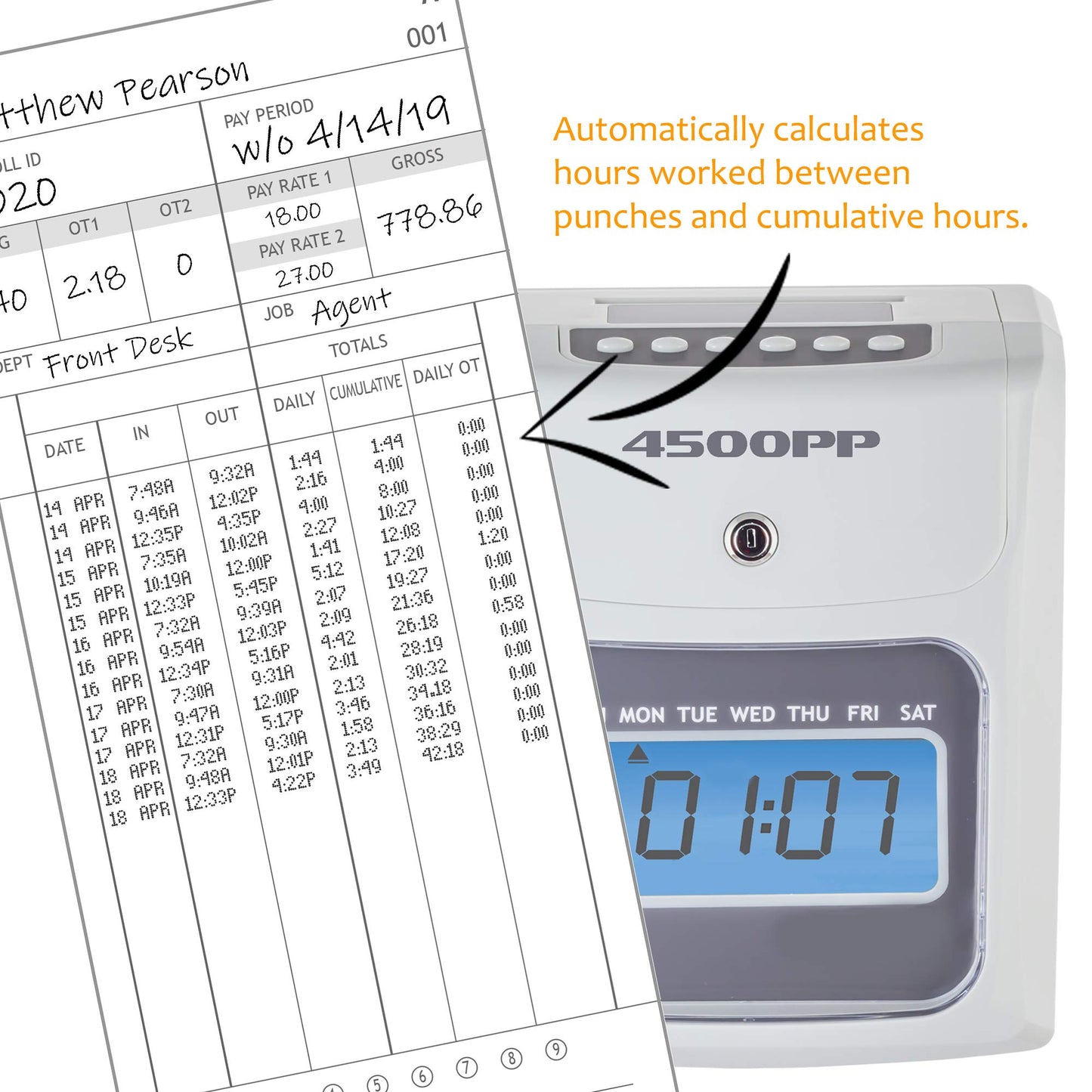Nile Products - 4500PP Electronic Calculating Time Clock, Employees in/Out Time Tracker, Small Business Punch Pack Bundle Includes: 25 Time Cards,1 Ink Ribbon and 2 Security Keys