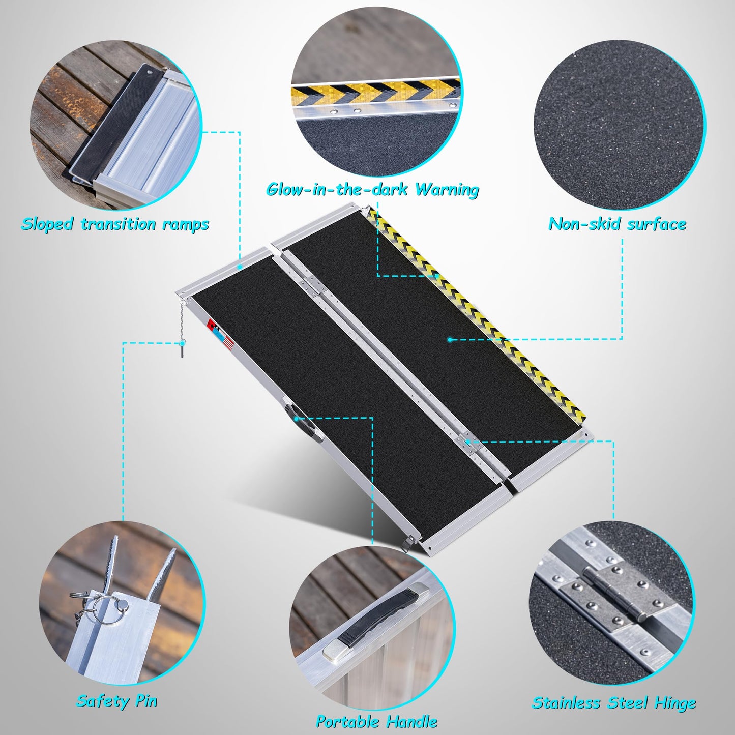 WHALEMOTOR Portable Wheelchair Ramp 4FT, Anti-Slip Aluminum Folding Portable Ramp, Wheelchair Ramps for Home, Weight Capacity Up to 800 LBS, with Transition Plates Above and Below, Loading Dock Plates