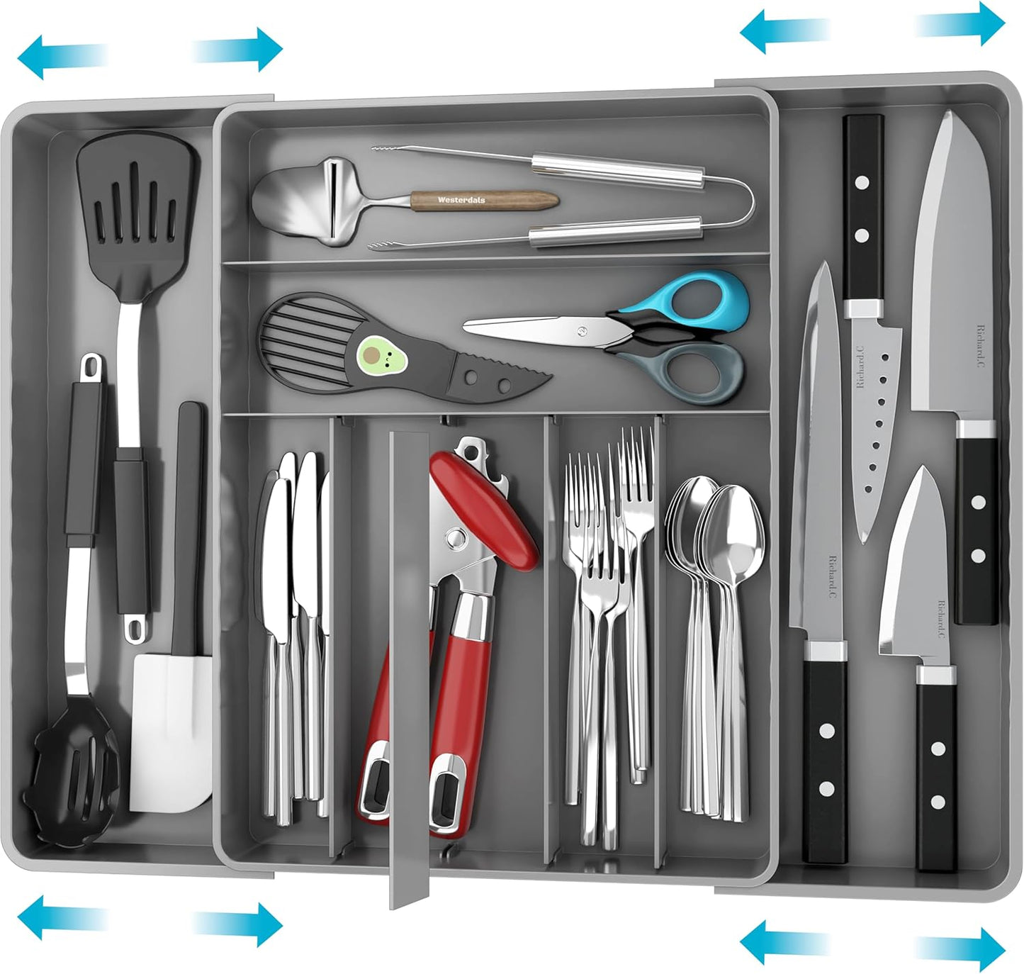 Simple Houseware Flatware Organizer - Adjustable Gray Cutlery Tray with 9 Compartments for Utensils