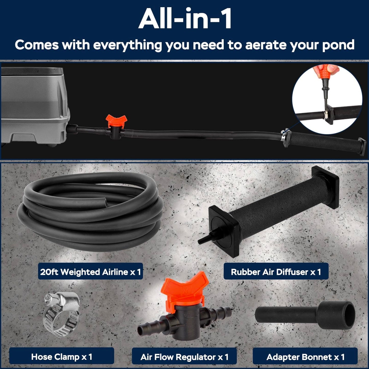 AquaMiracle All-in-1 Koi Pond Aeration Kit Pond Air Pump with Self-Sinking Airline Rubber Air Diffuser, Air Flow Control Pond Aerator for Outdoor Pond 2,000-5,000 Gallons