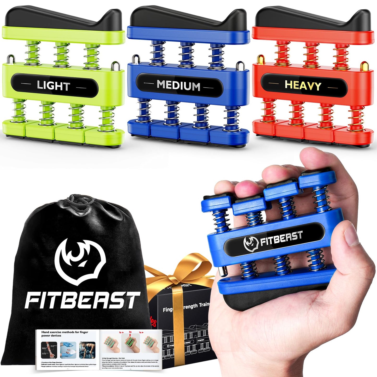 FitBeast Finger Strengthener, Finger Exerciser 3-Pack, Hand Exerciser for Improve Dexterity and Strength in Fingers, Hands, Forearms–Grip Strength Trainer for Musicians, Climbers (3 Piece Set)