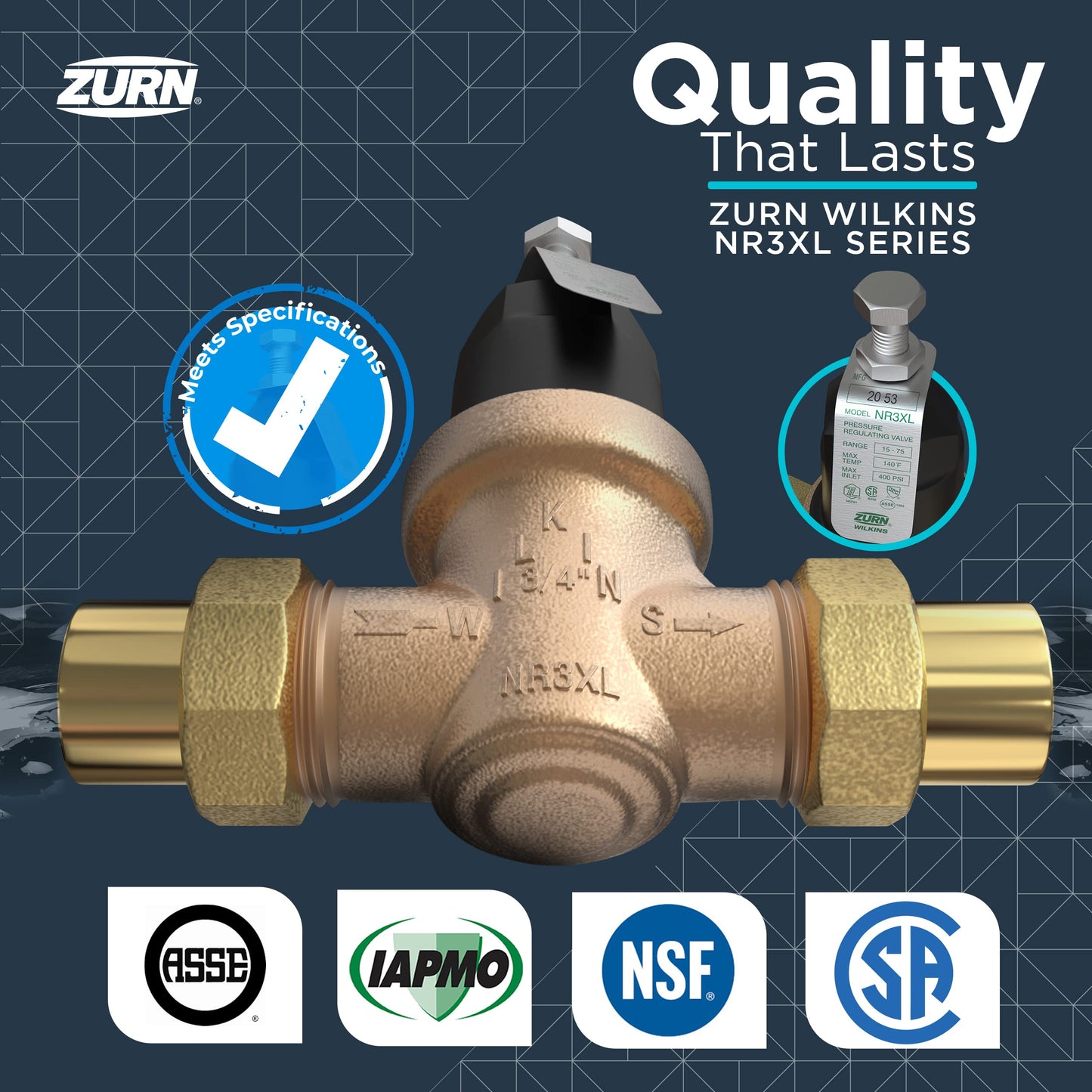 Zurn Wilkins 3/4" NR3XL Water Pressure Reducing Valve Integral By-pass Check Vlv & Strainer High Range, Sealed Cage, Double Union