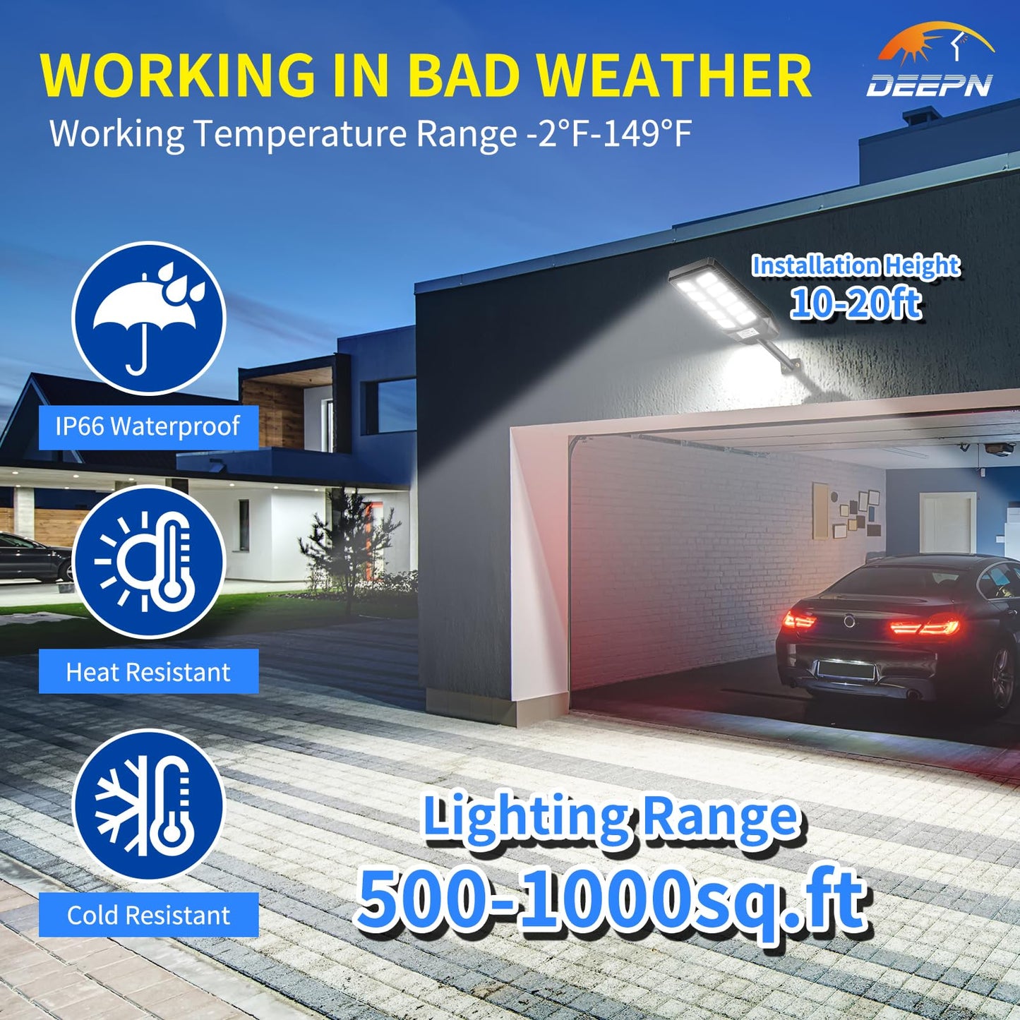 Deepn Solar Lights Outdoor, IP66 Waterproof Street Lights Outdoor, 6500K Dusk to Dawn Solar Security Flood Lights Motion Sensor with Remote Control for Yard, Entryway Garage, Porch 2 Pack
