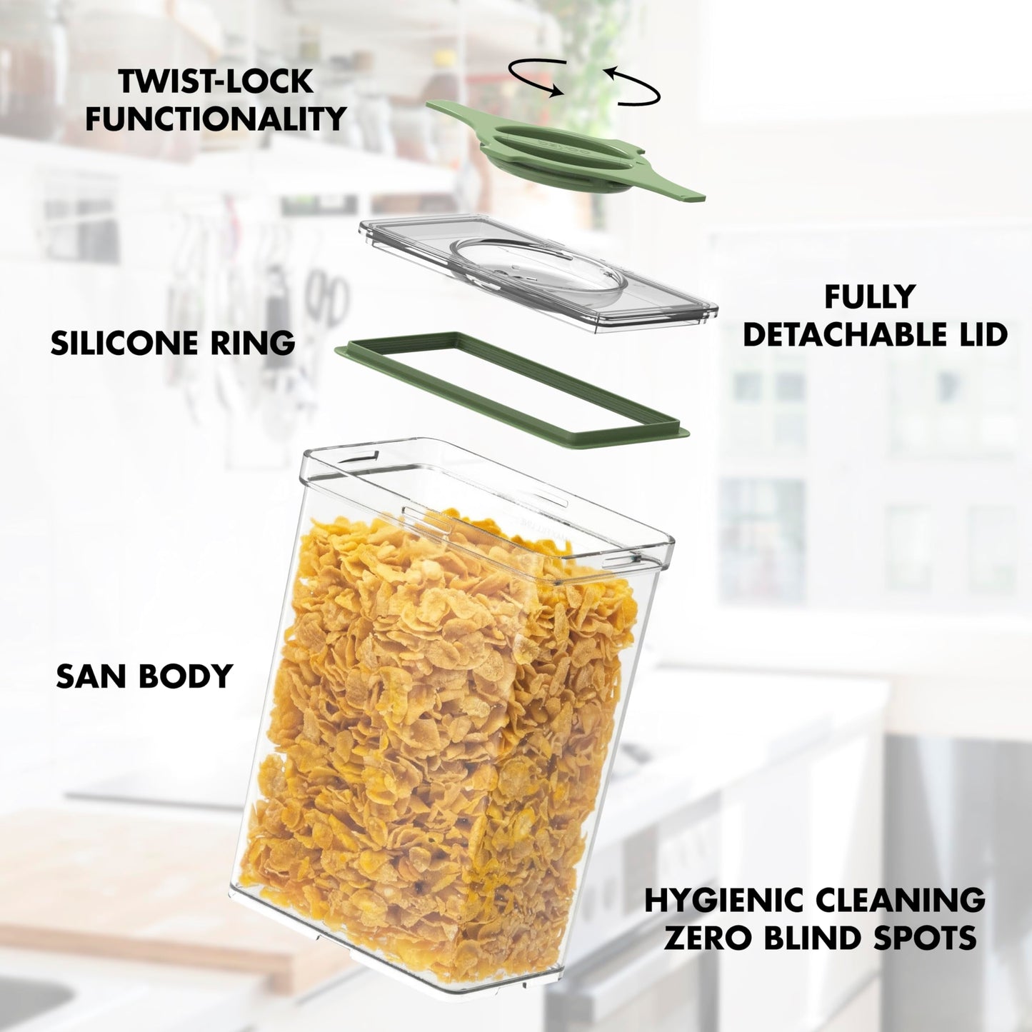 Prestoor Leakproof Food Storage Container Set with Twist-Lock Lids, 3-Pack BPA-Free Stackable Pantry Canisters for Sugar, Flour, Pasta, Snacks(0.8qt (3.2 Cup), 1.9qt (7.6 Cup), 3qt (12 Cup)- Green