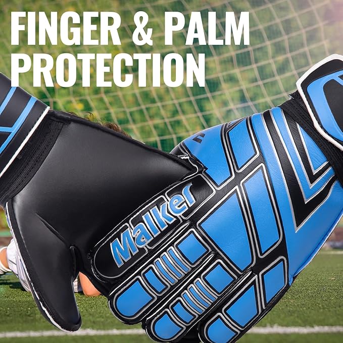 Malker Soccer Goalie Gloves Goalkeeper Gloves with Fingersave and Double Wrist Protection, Strong Grip Goalkeeper Gloves for Kids, Youth, Adults