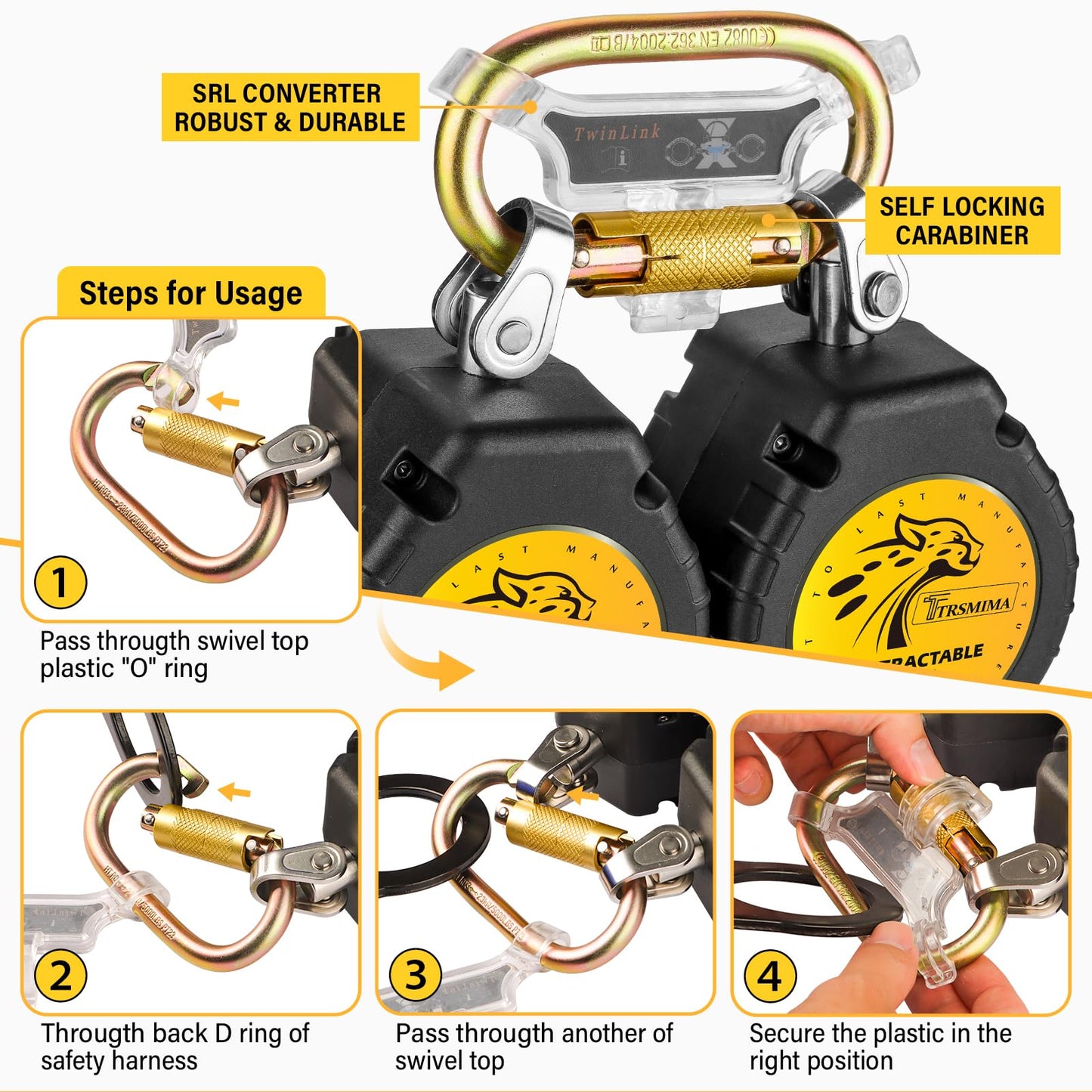TRSMIMA Fall Protection Retractable Lanyard - 6FT Twin Leg Self Retracting Lanyard Tangle-Free Webbing Shock Absorber Dual Aluminum Rebar Hook Aluminum Carabiner ANSI