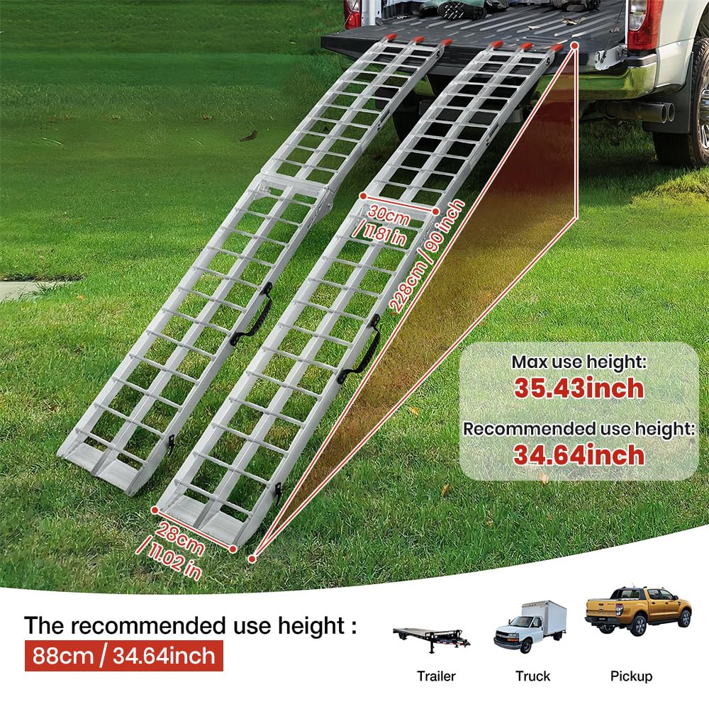 WheelX Aluminum Folding Loading Ramps, 1800 lbs Capacity Truck Ramps for Pickup Trucks Bed, Trailers Ramp with Load Straps for ATV/UTV, Motorcycles, Lawn Mowers, Golf Carts, 2Pcs, 90" L x 12" W