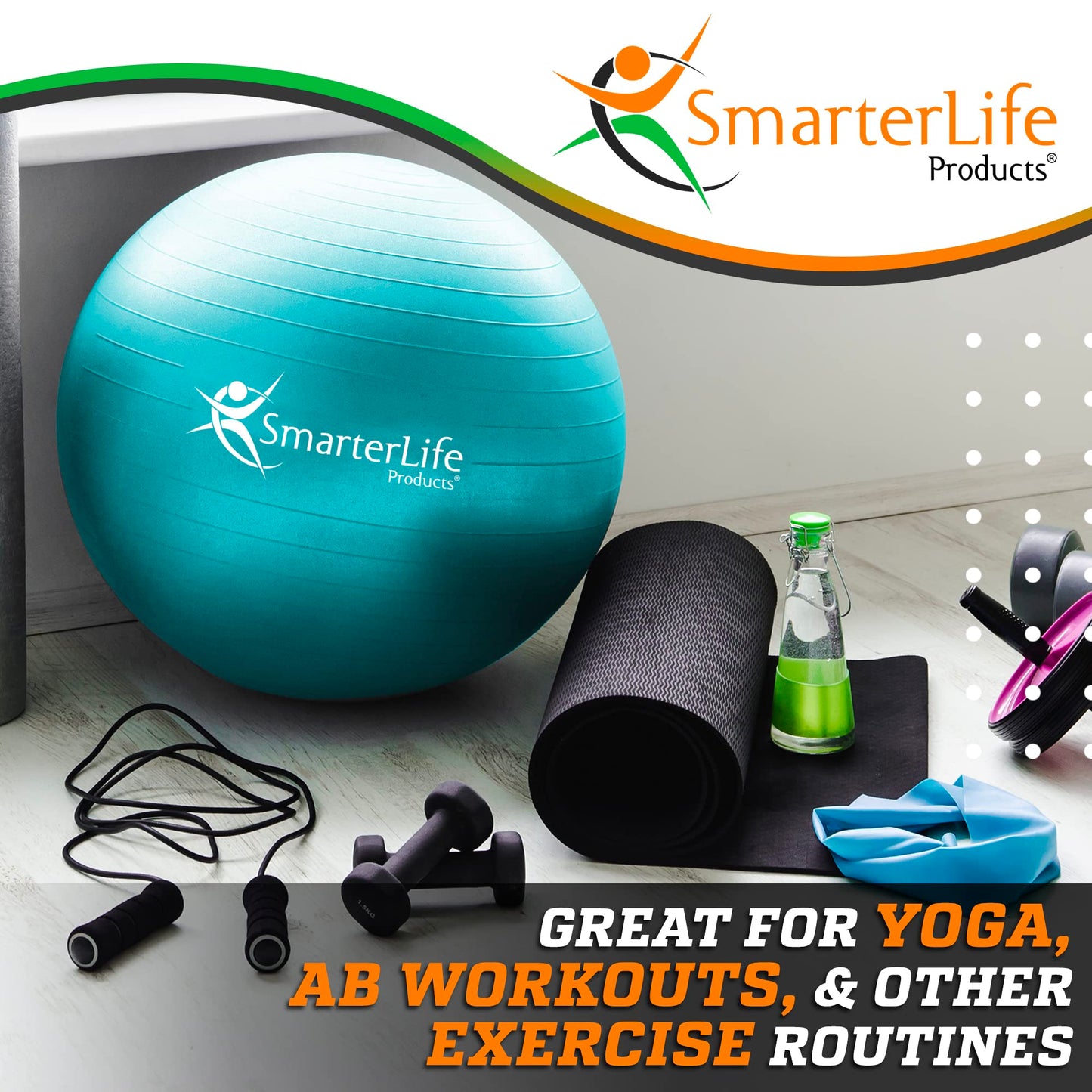 SmarterLife Exercise Ball Yoga Ball for Fitness, Balance, Stability, or Pregnancy, Gym Ball for Core Workout, Physical Therapy, Yoga Ball Chair for Office, Anti-Slip Anti-Burst (45cm, Turquoise)