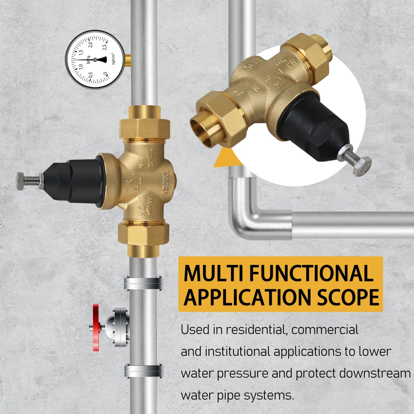 Water Pressure Regulator 1-NR3XLDU 1" with Double Union FNPT Connection Adjustable 15-75 PSI, Built-In Stainless Steel Strainer for Home, Commercial, Plumbing Applications