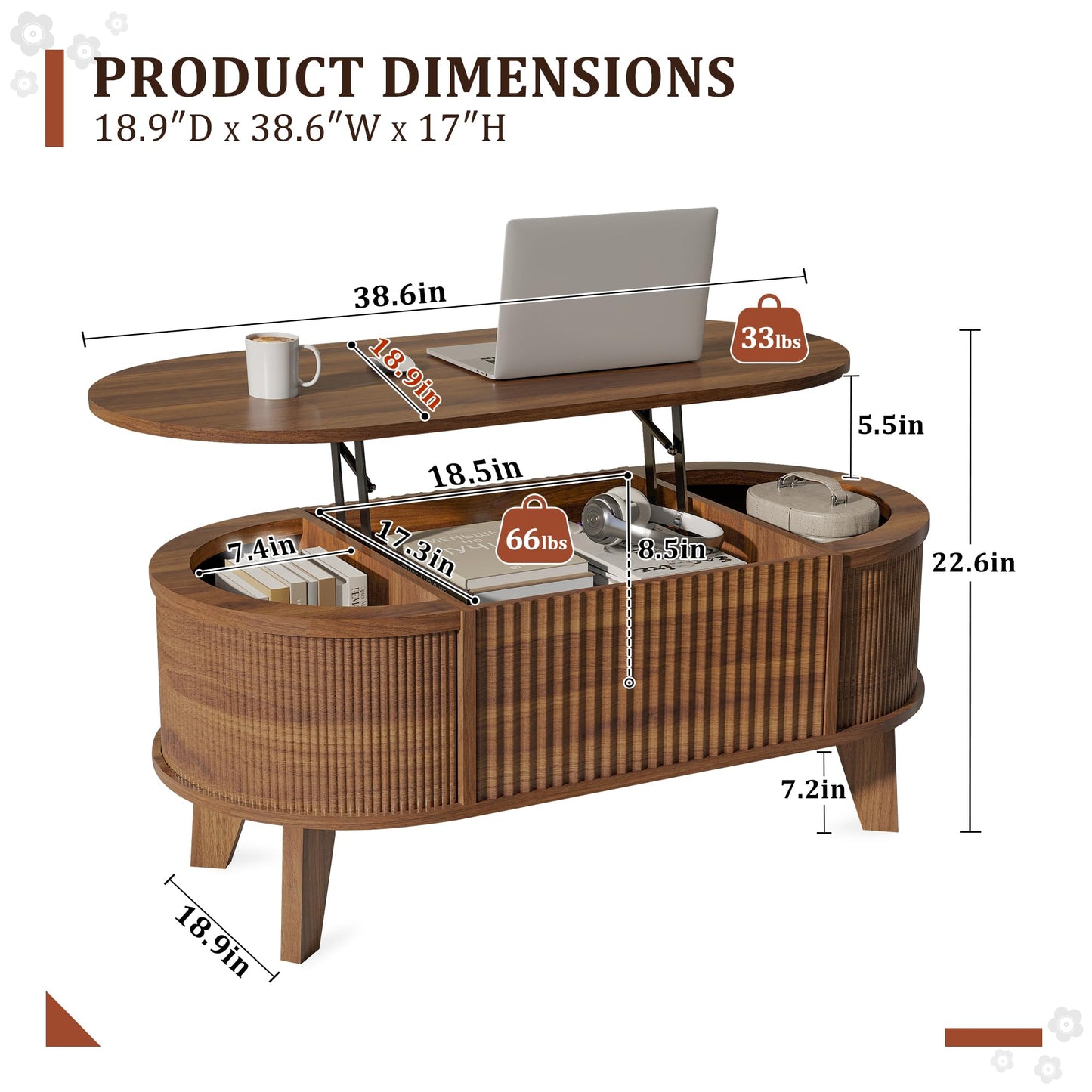 LYNCOHOME Fluted Lift Top Coffee Table with Storage,Modern Oval Coffee Table for Living Room or Home Office（Walnut）
