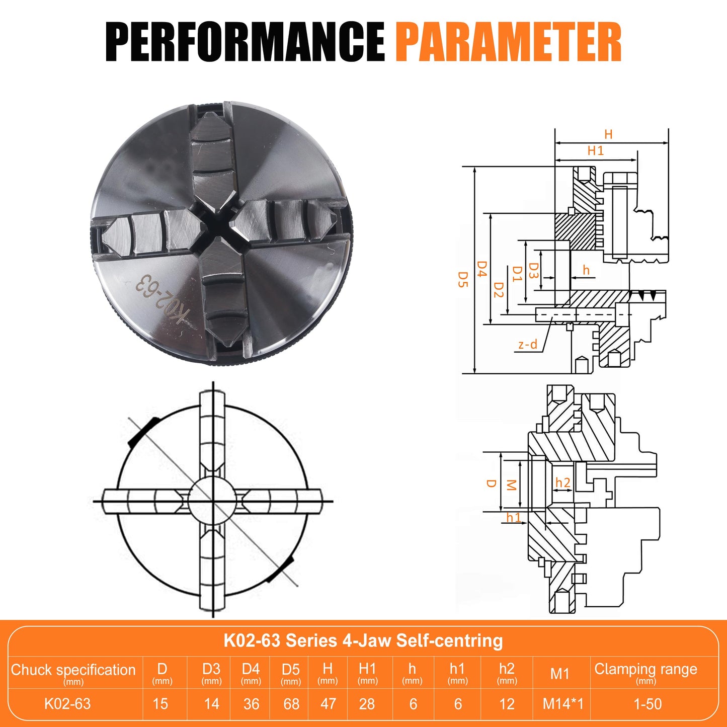 RATTMMOTOR No powered Multi-function Lathe chuck spindle assemblies 895 Motor Rotary Lathe Woodworking Spindle Motor Chuck 63mm for CNC Lathe Grinder machine Table Saw (4 Jaw 63mm)