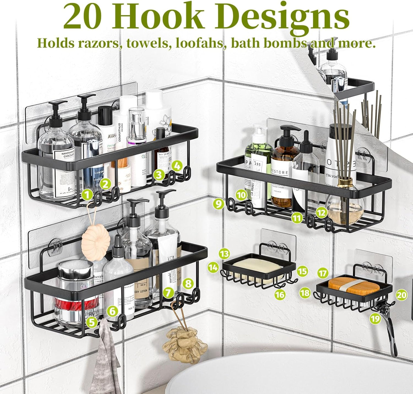 Rustproof Stainless Steel Shower Caddy by [Brand Name] - 5 Pack Adhesive Bathroom Organizers | Large Capacity, No Drilling, Black