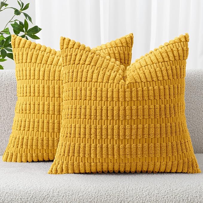 MIULEE Pack of 2 Corduroy Decorative Throw Pillow Covers 12x12 Inch Soft Boho Striped Pillow Covers Modern Farmhouse Home Decor for Summer Sofa Living Room Couch Bed Mustard Yellow