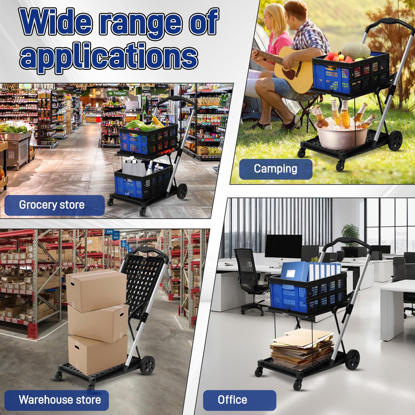 Collapsible Shopping Cart with 2 Bins Grocery Cart on Wheels Multi Use Two Tier Folding Cart for Farmers Market,Kitchen,Grocery Shop
