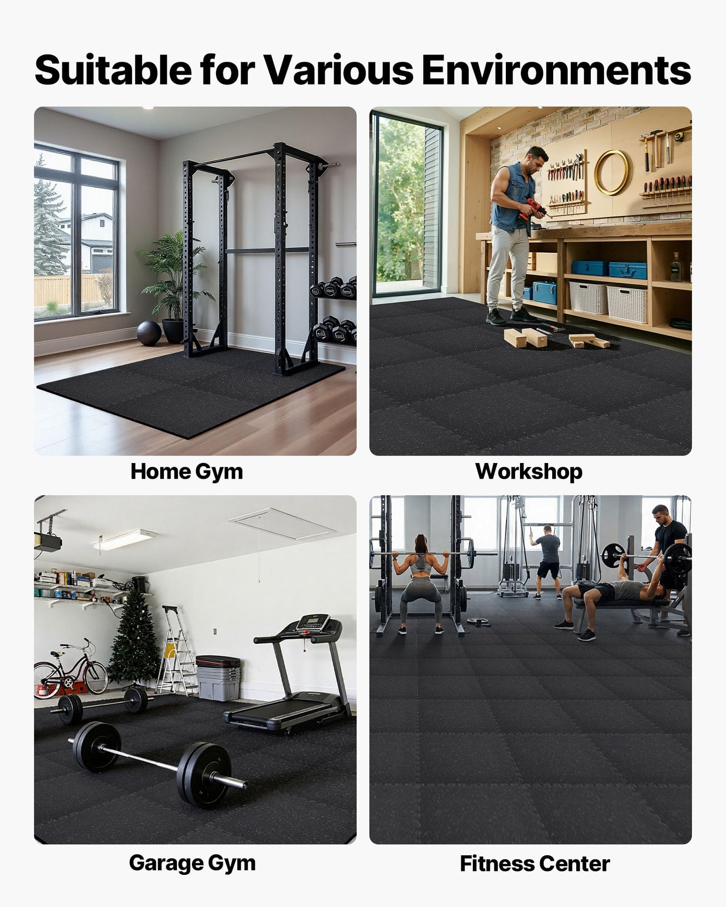 VEVOR 0.56Inch 96sq.ft 24 Tiles Gym Flooring for Home Gym, Rubber Top with High Density EVA Foam, 24 x 24In Gym Floor Exercise Equipment Mats, Interlocking Gym Mats, Puzzle Workout Mats, Black & Gray